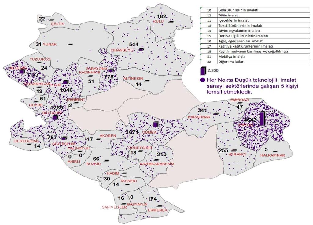 Harita 12 İl Merkezleri Dışında Düşük Teknolojili Sektörlerdeki İmalat Sanayi İstihdamının Mekânsal Dağılımı, 2012 İl merkezleri dışında