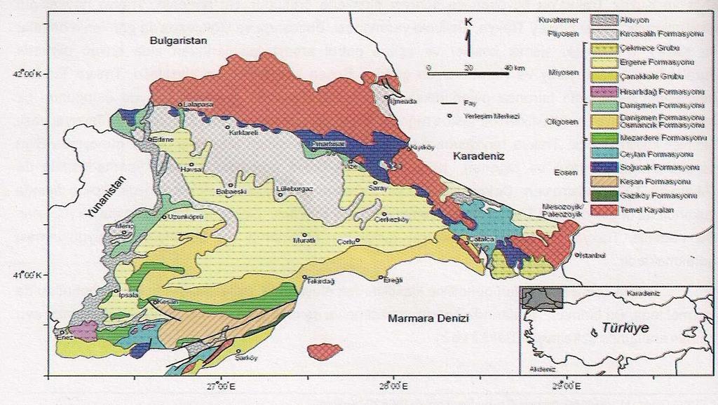 Şekil 2.8. Trakya Havzası'na ait jeoloji haritası [35; 64]. Alt Eosen - Orta Eosen birimleri Gelibolu Yarımada'sında Karaağaç ve Fıçıtepe formasyonları ile temsil edilmektedir.