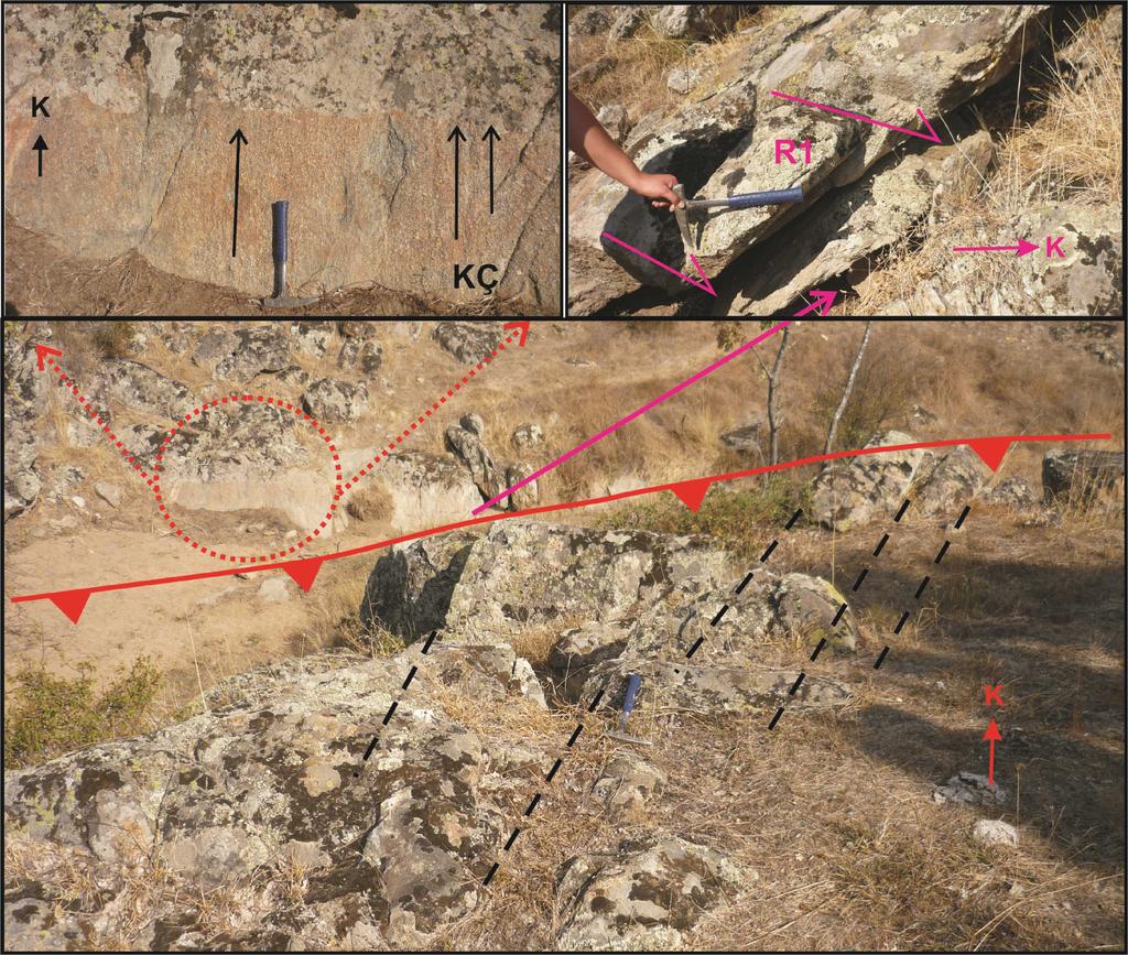 Şekil 3.17. Üst Paleozoyik ortognaysları içerisinde gelişen bindirme fayı (KÇ: Kayma çiziği, R1: Eş yönlü Riedel kırığı) (Babakuş Tepe KD'su).
