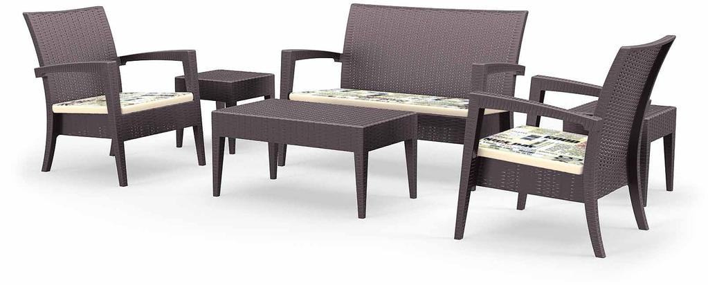 MIAMI LOUNGE SET-C Polypropylene Miami Lounge Rattan Set with non-fixed fabric cushion applied to seating base.