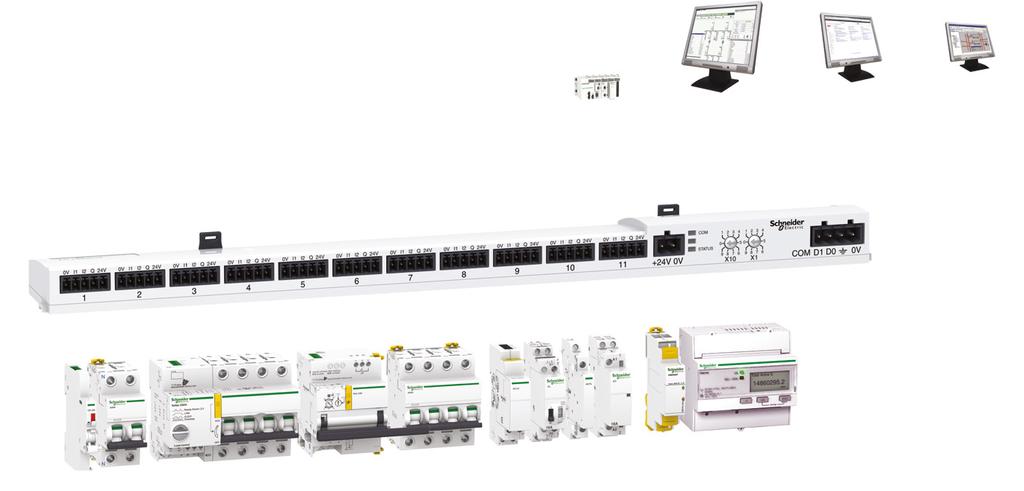 Tüm tesis yönetim çözümlerine bağlanmaya hazır Programlanabilir lojik kontrol cihazları Enerji yönetim sistemi Internet Modbus ağı Bina yönetim sistemi 24V DC güç kaynağı Modbus adres kodlayıcı