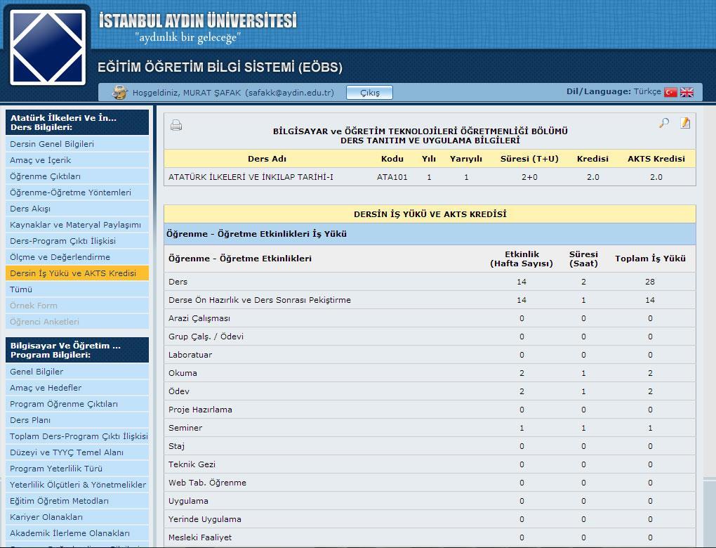 Dersin İş Yükü ve AKTS Kredisi Derse ait iş