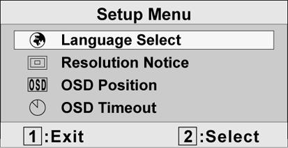 Kontrol Açıklaması Setup menu (Ayar menüsü) aşağıda gösterilen menüyü ekrana getirir: Setup menu (Ayar menüsü) kontrolleri aþaðýda açýklanmýþtýr: Language Select (Dil seçimi) Kullanıcının menülerde