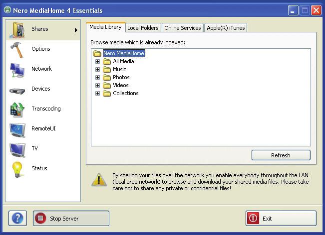 Select the folder that you want to share and click START SERVER. 15. You can display all media types from the library.