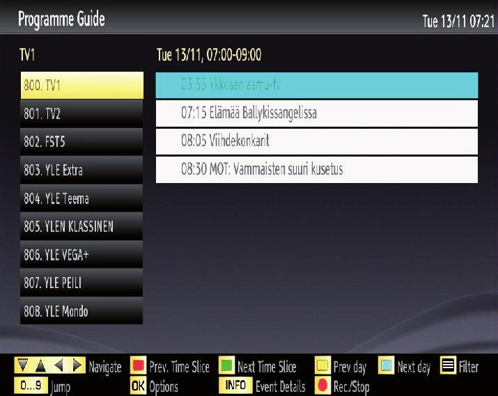 EPG menu displays available information on all channels. Please note that event information is updated automatically.