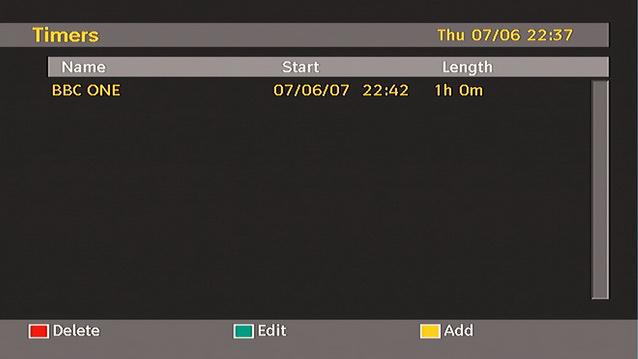 To display timers window, activate the item from the main menu. To add a timer, press the YELLOW button on the remote control. Then Add Timer window appears.