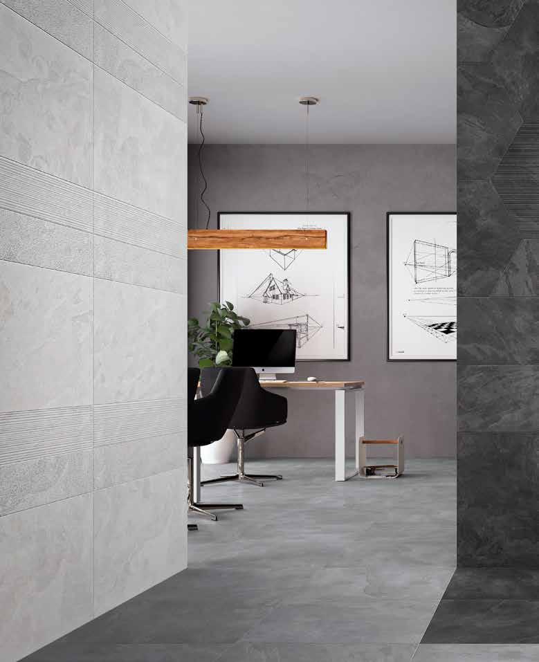 TECH-SLATE Yer Karoları / Floor Tiles : K944552r 60X60 Techslate Gri / Grey Duvar Karoları / Wall Tiles : K944554R 45X90 Techslate Beyaz / White K944705R 15X90 Techslate Beyaz Random / White K944900R