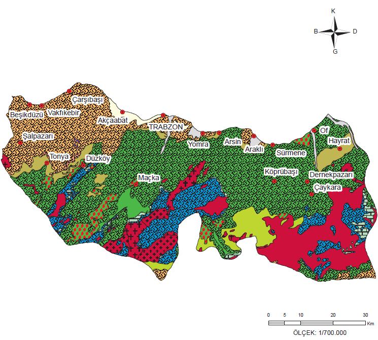 Trabzon ili jeoloji haritası (MTA, 2009).