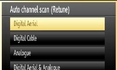 Auto Channel Scan Menu Operation Select Automatic Channel Scan (Retune) by using / button and press OK button. Automatic Channel Scan (Retune) options will be displayed.