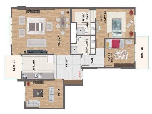 14 A BLOK SAĞ ORTA 3+1 BRÜT 143 M² DAİREMİZ Balkon Çocuk Odası Eb. Yatak Odası Banyo Eb.