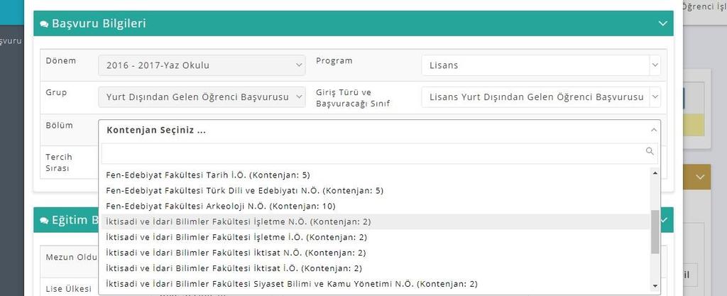 Bölüm kısmında Üniversitemizde kontenjan verilen bölümlerin bilgisi gelmekte tercihte bulunacağınız bölümü burada seçebilmektesiniz.