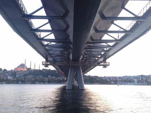 Köprünün alt yanlarına döşenen raylara şaryolar vasıtasıyla tutularak yatay hareket gerçekleştirilir.