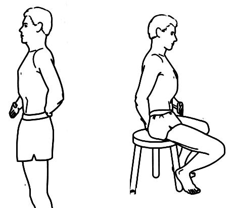 Bacaklar vücut ağırlığını taşıdığını hissederek eller uyluğun üzerinde desteklenir ve yavaşça ayağa kalkılır. (Şekil 4.55a, b) 2- Tabure üzerine denge tahtası konur ve üzerine oturulur.