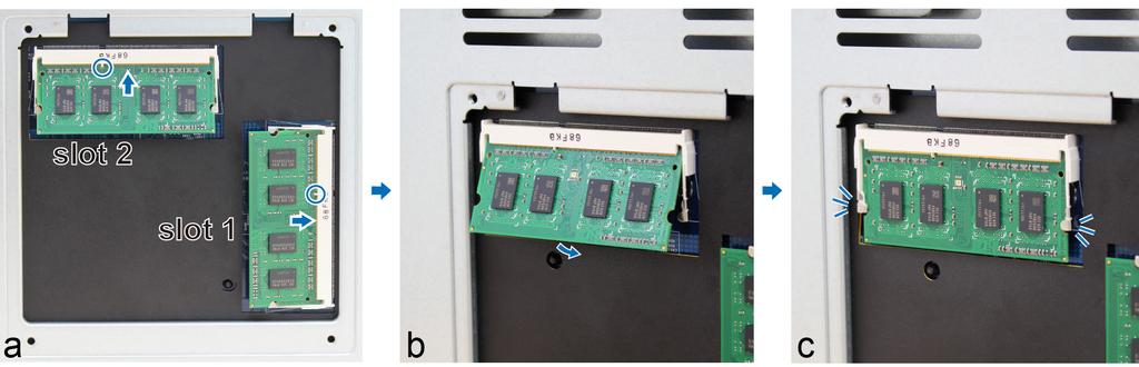 Muhtemel hasarların önüne geçmek için DiskStation sunucuza bağlı olan tüm kabloları ayırın. 2 RAM modülleri DS1817+'nın alt kısmında yer alır. 3 Alt kapağı sabitleyen 4 vidayı sökün.