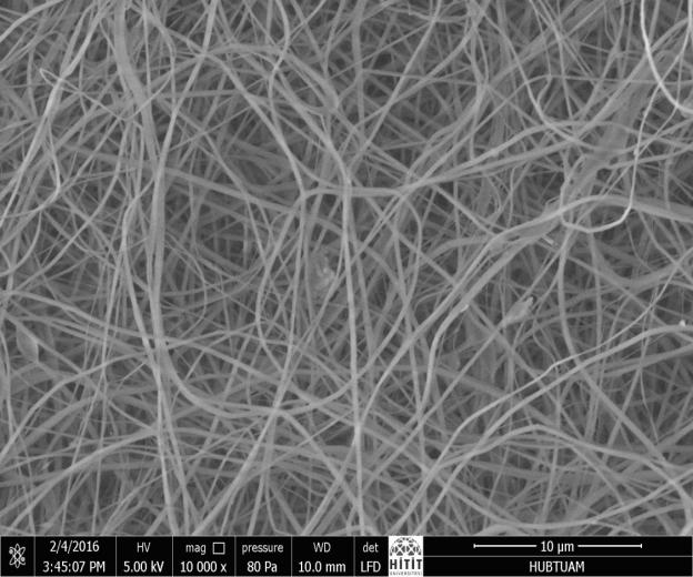 64 (A) (B) Şekil 4.9. PVA nanofiber yüzey numunesine ait SEM görüntüleri (A) PVAx100