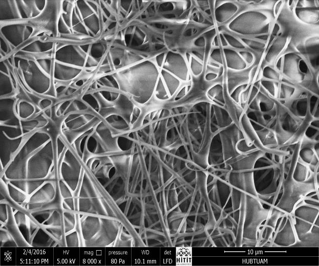 66 Şekil 4.12 de verilen SEM görüntüsünde ise PVA-PEI nanofiberlerinin ortalama çapının 580 nm olduğu görülmektedir.