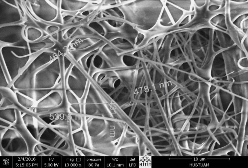67 Şekil 4.14. PVA-PEI-GO nanofiber yüzey numunesine ait nanofiber çaplarını gösteren SEM görüntüsü Şekil 4.