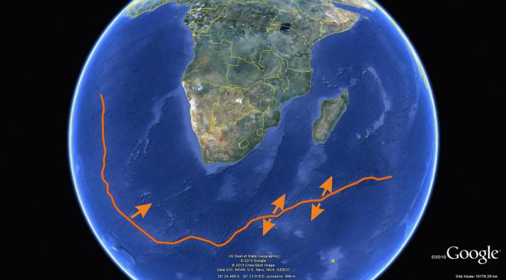 Şekil-2. Atlas ve Hint Okyanuslarındaki plaka hareketi. Şekil-3. Hint Okyanusu'ndaki plaka hareketi.
