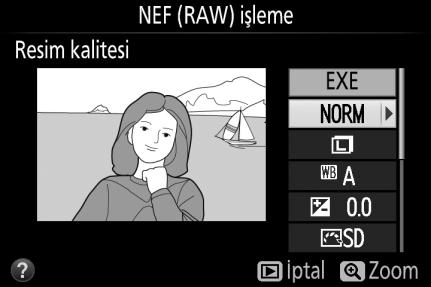 NEF (RAW) işleme G düğmesi N rötuş menüsü NEF (RAW) fotoğraflarının JPEG kopyalarını oluşturun. 1 NEF (RAW) işleme öğesini seçin.