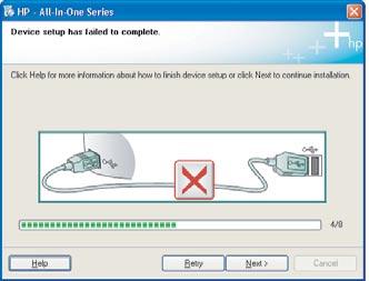 Akce: Zavřete všechna dialogová okna. Vyjměte a znovu vložte zelený disk CD se softwarem HP All-in-One pro systém Windows. Informace naleznete v kroku 14.