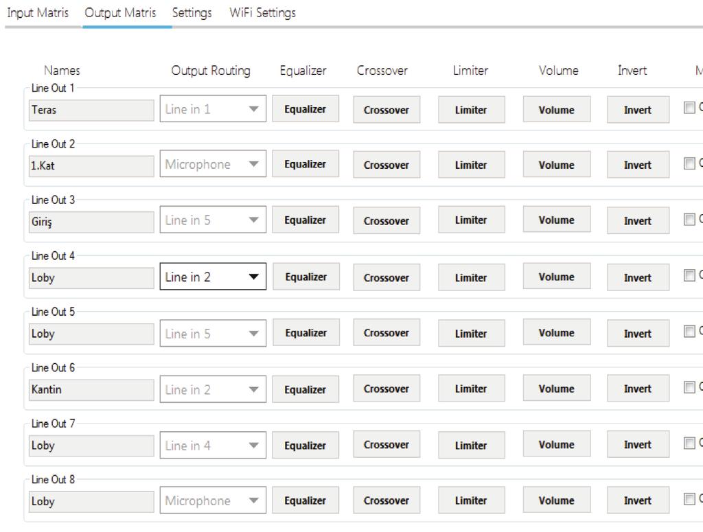 5.. Output Matrix Menüsü 3 Output Matrix menüsünde çıkışlarla ilgili DSP efektleri ve isimlendirme ayarları yapılır. - İstenilmesi halinde her çıkışa farklı bir isim verilerek özelleştirilebilir.