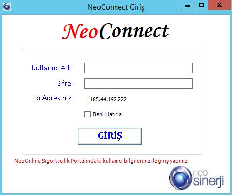 - NeoConnect giriş ekranı açılacaktır. - Giriş ekranında Kullanıcı Adı ve Şifreyi yazınız.