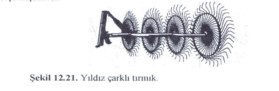 Yıldız çarklı tırmık, tekerlekli bir çatı üzerine açılı olarak yerleştirilmiş 4...6 çarktan oluşur. Çarkların dönme hareketi yaylı parmakların yere sürtünmesiyle sağlanır.