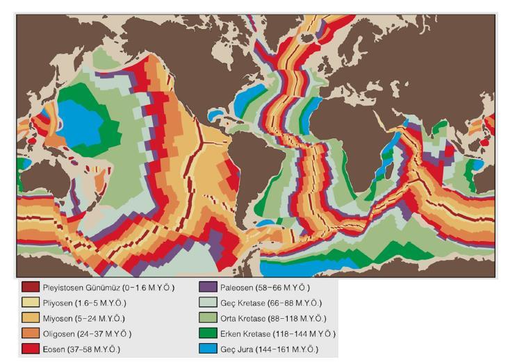 Manyetik anomalilerden hazırlanmış olan dünyadaki okyanus havzalarının yaşı, en genç okyanusal kabuğun yayılma