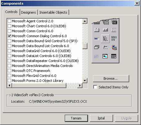 Özelleştirilen kontroller.ocx uzantısıyla dosyalarda saklanırlar. Project menüsünü açınız ve Compenents seçiniz; listenin içerisinde Microsoft Common Dialog Control 6.