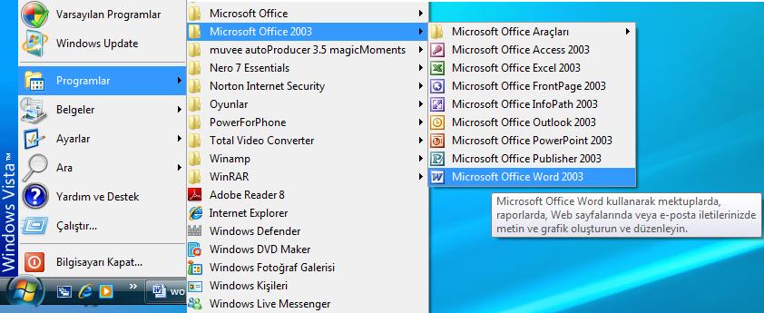 Microsoft Office Word Notları 1. Word 2003 i Başlatma 1.1. Başlat Düğmesini Kullanarak Word ü Başlatma Windows XP ortamında Word 2003 i Başlatmak için aşağıdaki işlemler gerçekleştirilir.