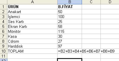 B sütunundaki sayıları toplamak için, 1. =B2+B3+B4+B5. Şeklinde formül yazılacağı gibi, 2. =50+100+25+58.