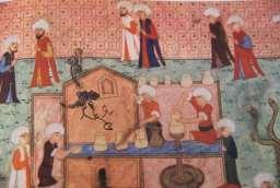 üsküre Fotoğraf 10- Meyvecilerin seramik kavanozlarla At Meydanında III.Muradın önünden geçişleri 1582 Surname-i Hümayun, 415b-416a, s.