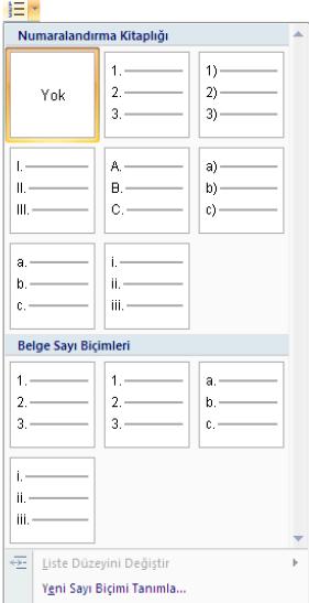 Şekil 2.11: Numaralandırma kitaplığı Numaralandırma kitaplığından bize gerekli olanın üzerine fare ile tıklamamız belgemize uygulamak için yeterli olacaktır.