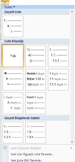 2.2.8. Çok Düzeyli Listeler Kitap, dergi veya yazılarımızda içice geçmiş alt madde başlıklarına çok sık rastlanır. Böyle durumlarda yardımcımız çok düzeyli listelerdir.
