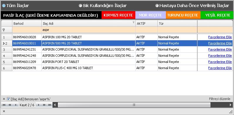 Resim 47. E-Reçete İlaç Arama İlacımızı seçtikten sonra kutu, kullanım periyod, doz ve kullanım şekli gibi bilgileri girerek Kaydet butonuna basarak reçetemize ilacı eklemiş oluruz.