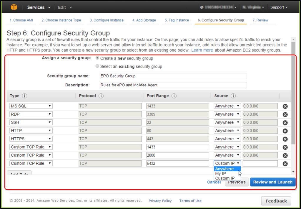 AWS sunucusuna McAfee epo yükleme AWS sunucusunu oluşturma C 11 Bu AWS sunucusunu belirlemek için kullanılan özel bir etiket ve değer yapılandırdıktan sonra Next: Configure Security Group a
