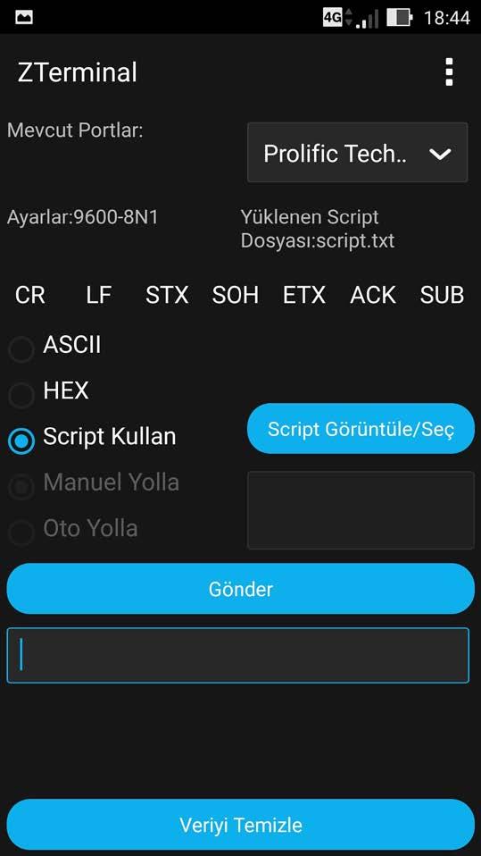 ZTerminal Yazılımını script çalışma modunda kullanmak için Script Kullan