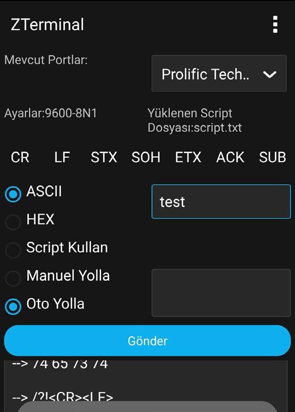 04 ZTerminal VERİ YOLLAMA - OTOMATİK yazılımı, girilen ASCII ya da Hexadecimal komutları periyodik olarak girilecek sürede otomatik olarak da yollayabilir.