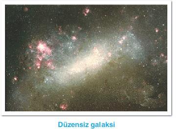 c) Düzensiz galaksiler: Eliptik ve sarmal olarak sınıflandırılmayan bazı galaksiler vardır ki, bunlar
