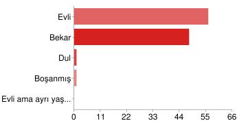 80 Evli 56 53% Bekar 48 45% Dul (Eşi Ölmüş) 1 1% Boşanmış 1 1% Evli ama ayrı yaşıyor 0 0% Grafik 3 te görüldüğü üzere, araştırmaya