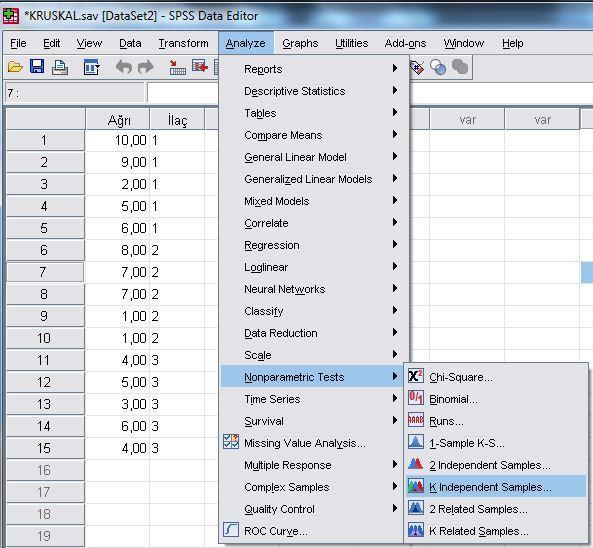 SPSS te Analyze>Non paramteric Tests>K independent Samples