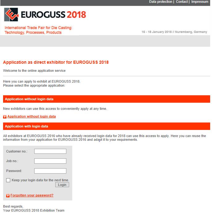 Online Stant Başvurusu Nasıl Yapılır? Fuarın ilgili başvuru sayfasına gidiniz Online Stand Application (bu örnekte EUROGUSS 2018 fuarı kullanılmıştır).