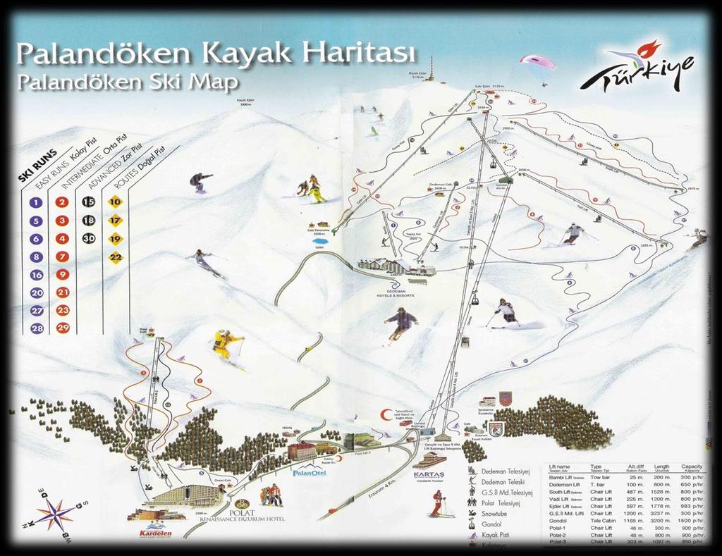 ERZURUM PALANDÖKEN KAYAK MERKEZİ Erzurum ALTITUDE : 2150-3100m SEASON : 150 days SNOW DEPTH: 2-3 m SKI AREA (ha): 2390 Ha SKIING TYPE : Nordic-Alpine Skiing Snowboard NUMBER OF RUNS: 27