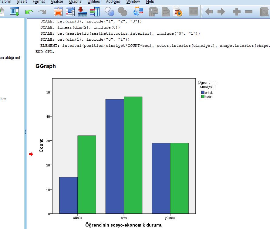 Hazırlanan yapı üzerinden çıktı ekranında karşılaşılan sonuç aşağıdaki gibi olacaktır. Temel yorum : Sosyo ekonomik olarak düşük seviyede kız öğrencimizin erkeklere oranla daha fazla olduğudur.