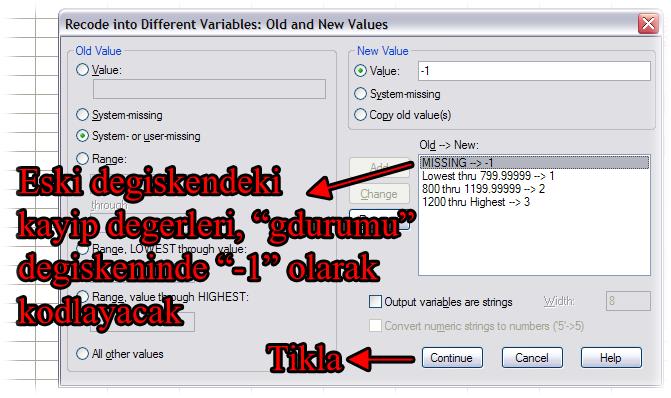 Transform Menüsü 15 (Recode ) Bu işlemler sonucunda aşağıdaki pencere elde edilir.