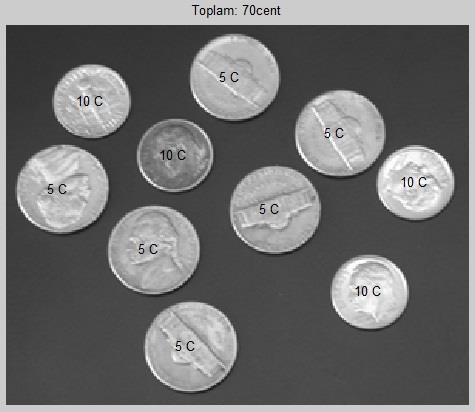 if prop(n).area>2000 text(x-10,y,'5 C') total=total+5; else total=total+10; text(x-10,y,'10 C') end End Matlab Kodu: Şekil 7. Görüntüdeki farklı nesneleri tanıma clc; clear all; figure; imshow('coins.