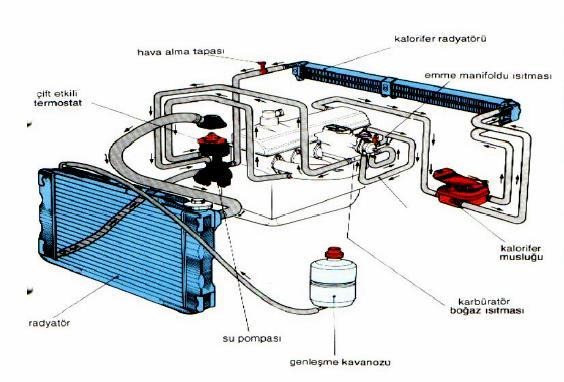 Soğutma Sistemi Devresi Su Soğutmalı Sisteminin Parçaları: 1- Radyatör: Radyatör, motordan gelen sıcak suyu, bünyesinde bulunan çok ince hava ile temas yüzeyleri vasıtasıyla soğutur.