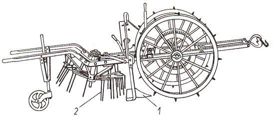 fırlatıcı üniteye sahip patates sökme makinesini yapmıştır (Şekil 1.11). Bu makinede kesekler daha iyi ezilmiş ve patates saplarının çarka bağlanması da önlenmişti.