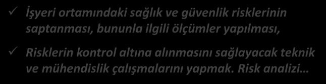 İŞ GÜVENLİĞİ UZMANI Görevleri İşyeri ortamındaki sağlık ve güvenlik risklerinin saptanması, bununla ilgili