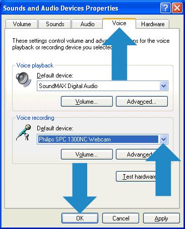 6 İnsan sesi kaydederken seçeneği altında Philips Web Kamerası veya bağlı kulaklığı varsayılan aygıt olarak ayarlayın.
